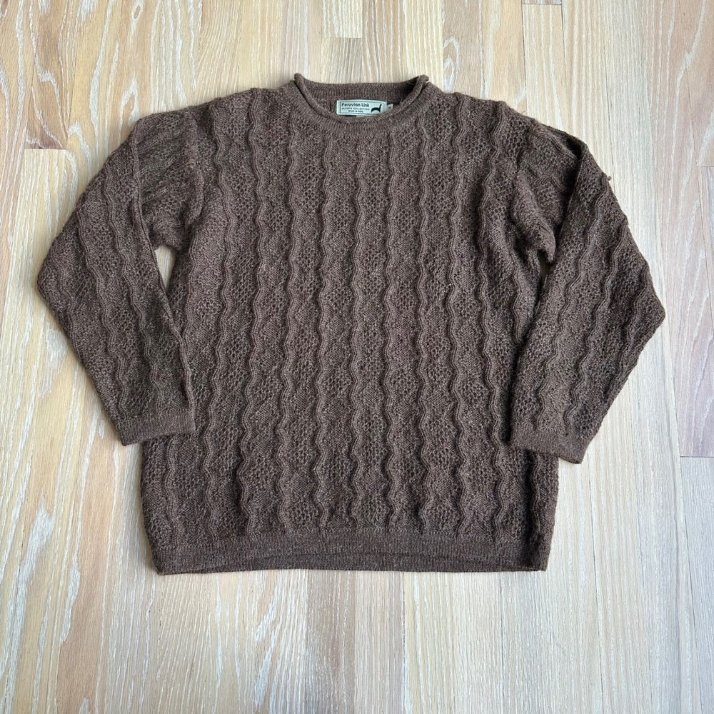 Peruvian Link Womens Alpaca Sweater Cable Knit Roll Neck Fisherman Brown S
